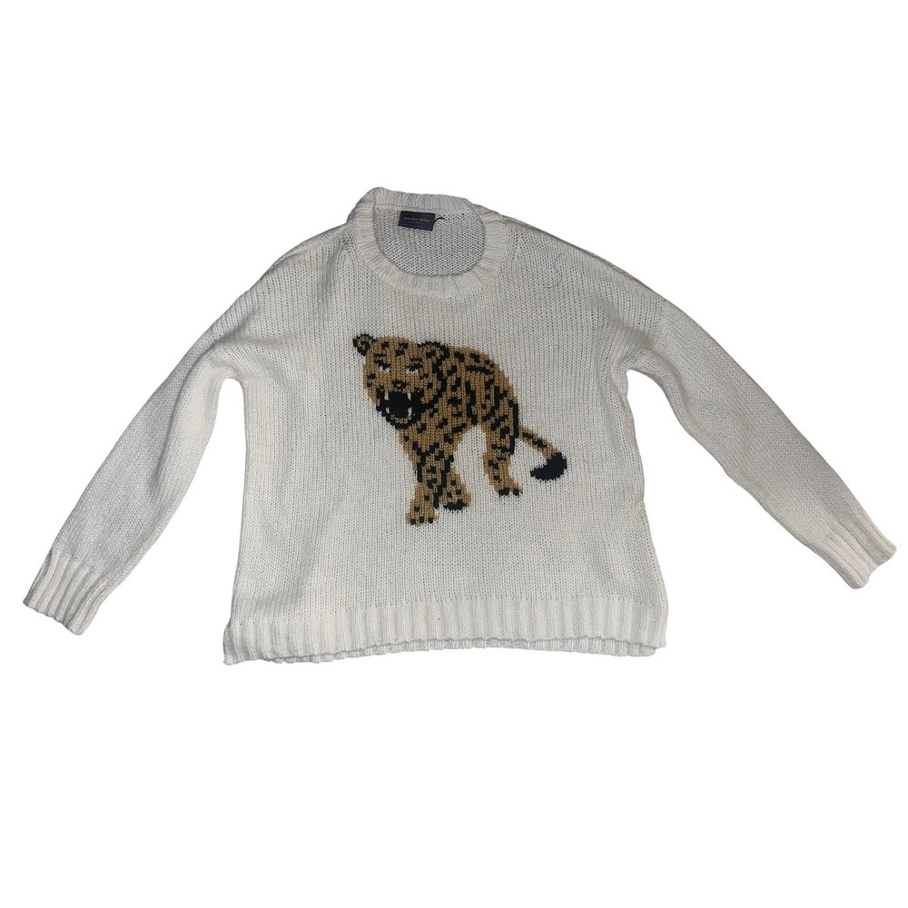 Wooden Ships Ivory Leopard Print Knit Pullover Sz XS | Long Sleeve Cozy Sweater